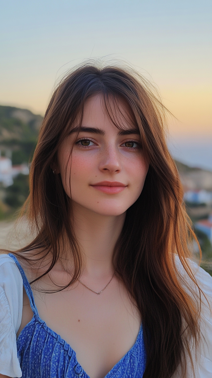 Charming young lady in village at sunset portrait