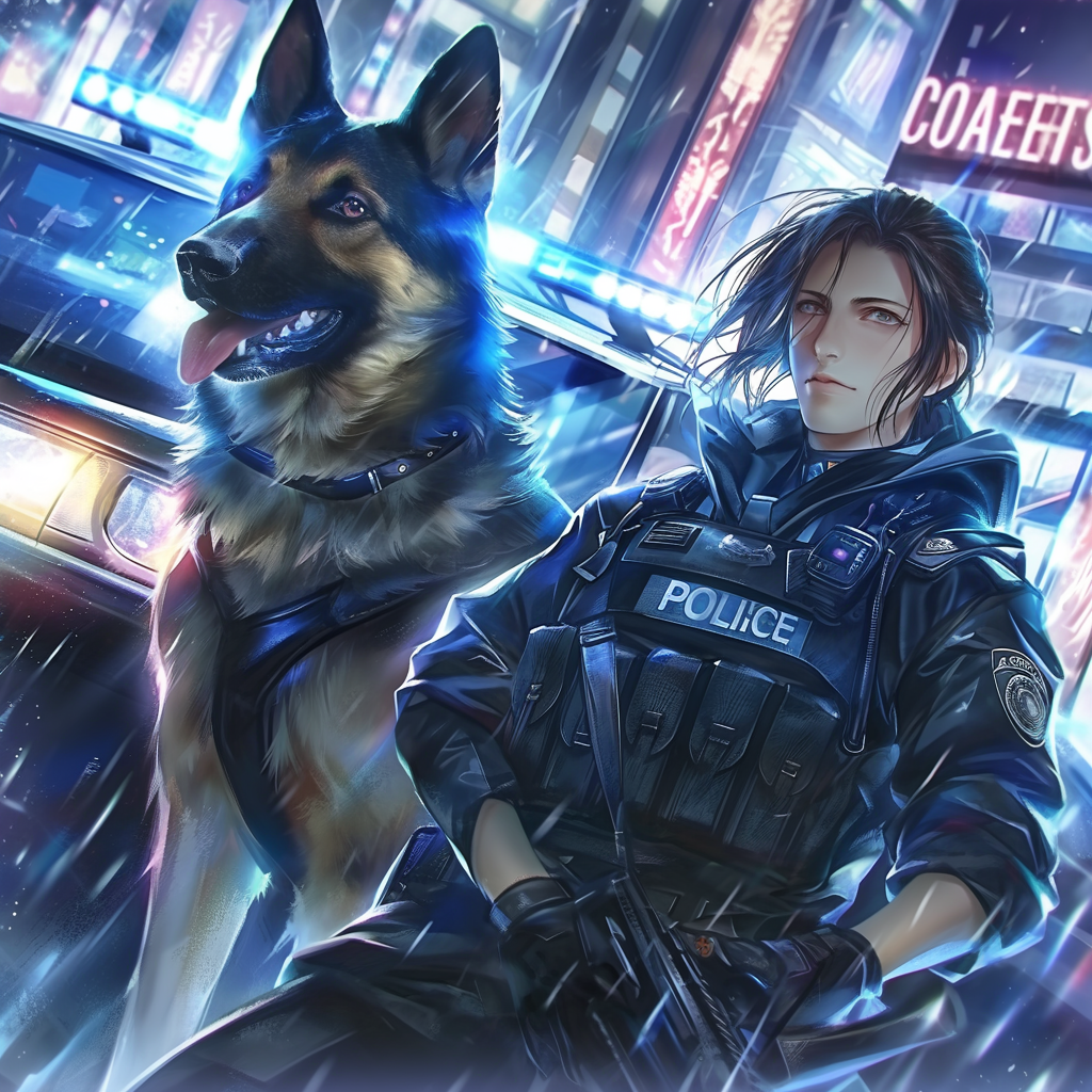 Chase in futuristic police uniform with determined look.