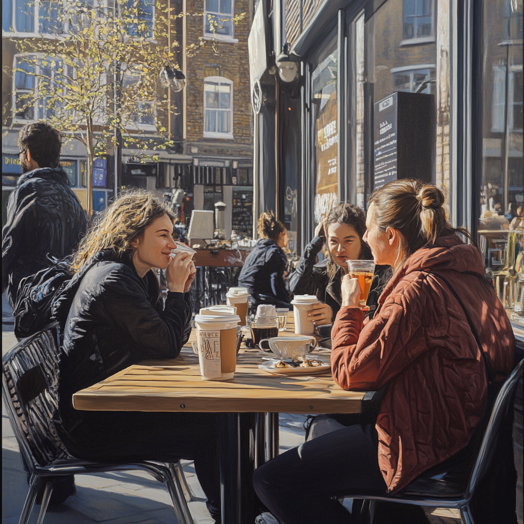 Chatting at Shoreditch Cafe Tables, Sunny Day Scene 