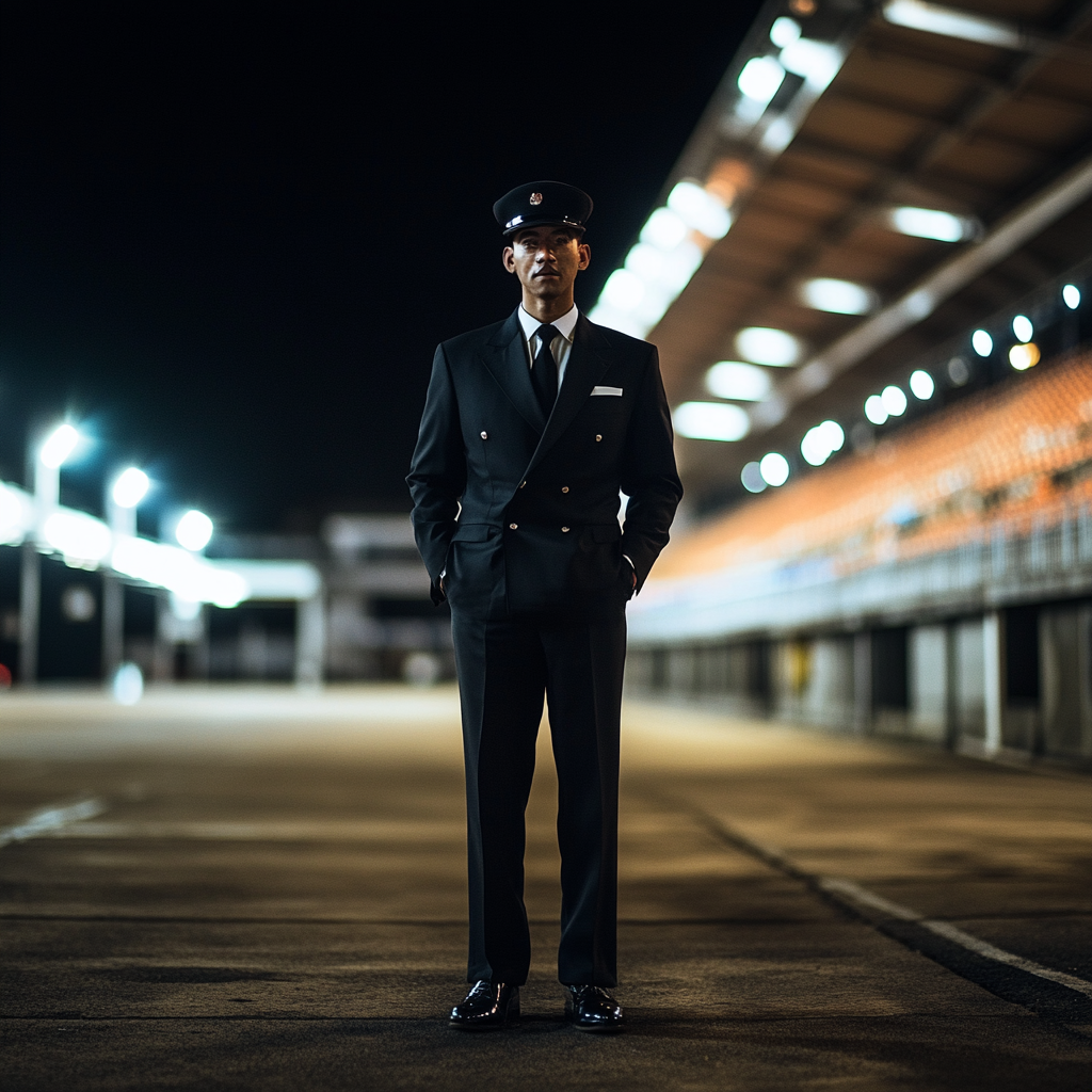 Chauffeur in Suit and Hat at Football Stadium