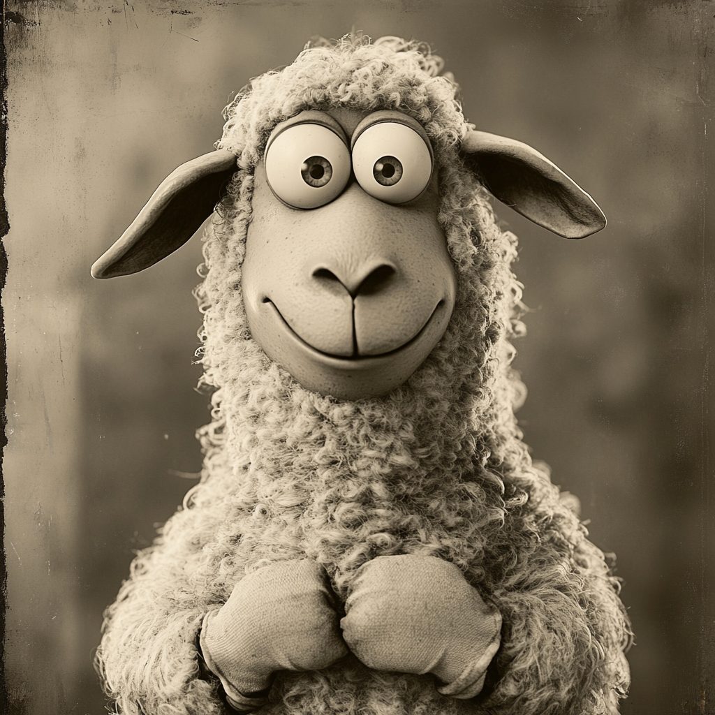 Cheerful 1930s cartoon sheep character with bendy limbs.