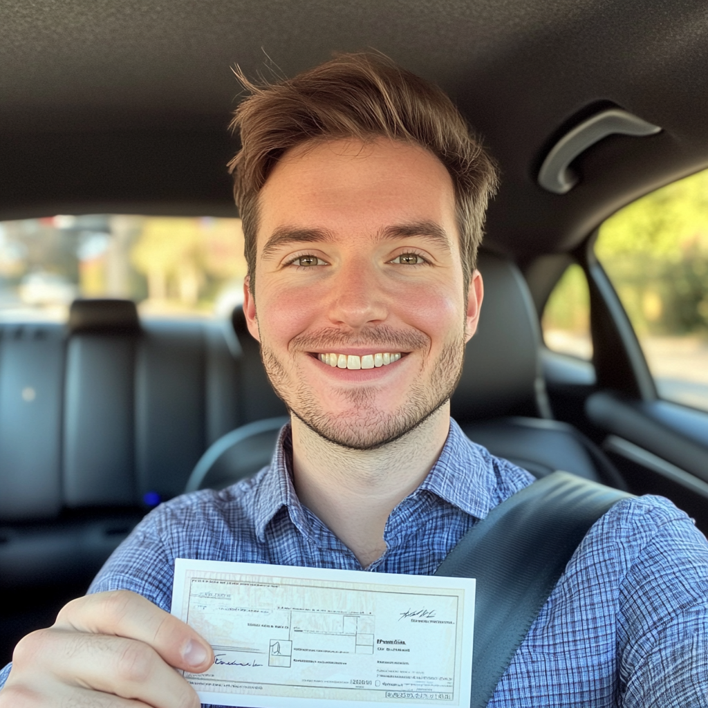 Cheerful British Man Holding Cheque in Car