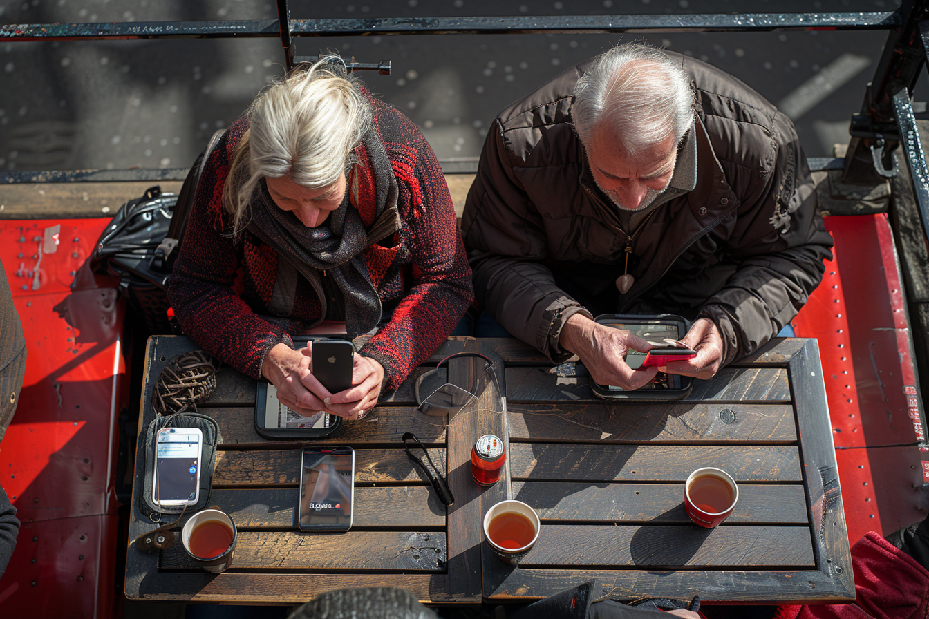 Cheerful Friends Enjoying Sunny Day at Red Accented Pub