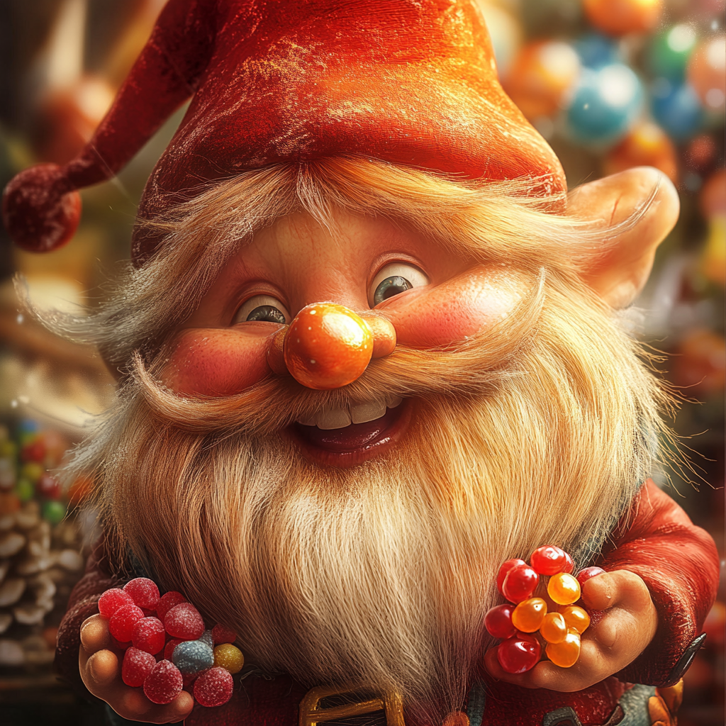 Cheerful Ginger the gnome shares holiday treats joyfully.