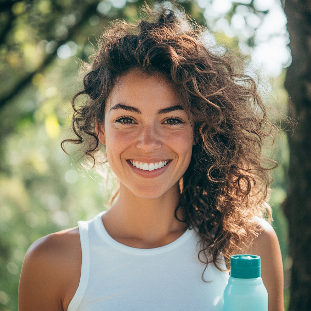 Cheerful Girl Amidst Turquoise Items in Nature