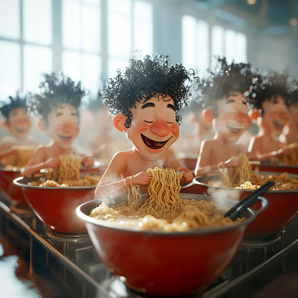 Cheerful Japanese Men Enjoying Oversized Ramen Bowls