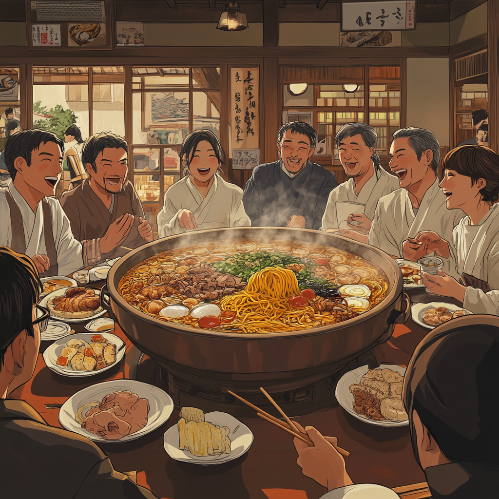 Cheerful Japanese Middle-Aged Group Enjoying Ramen Feast