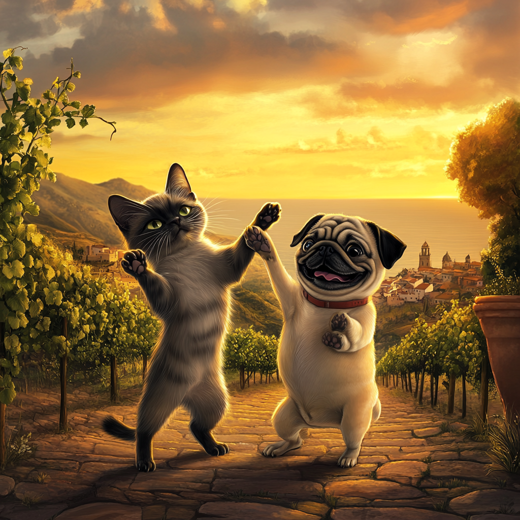 Cheerful Siamese cat and goofy Pug dancing in vineyard