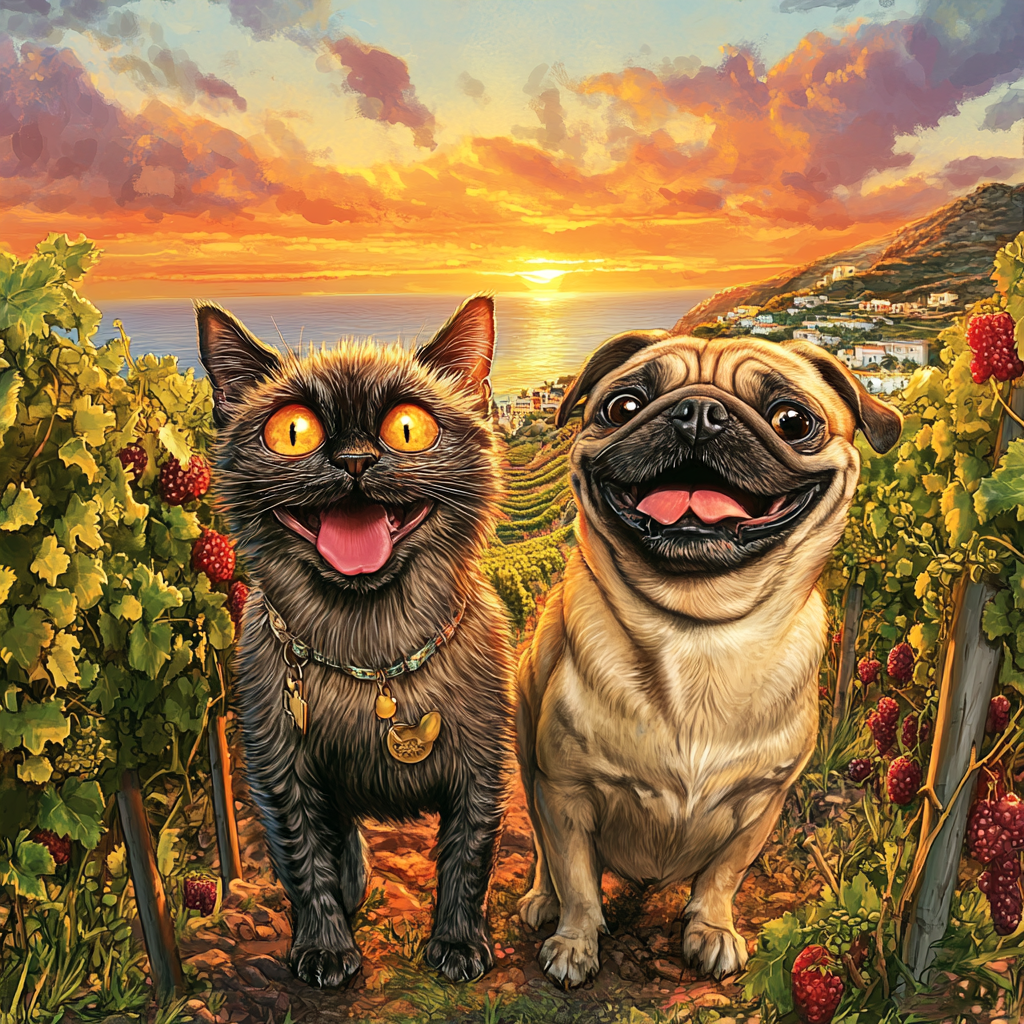 Cheerful Siamese cat and goofy Pug make vineyard.