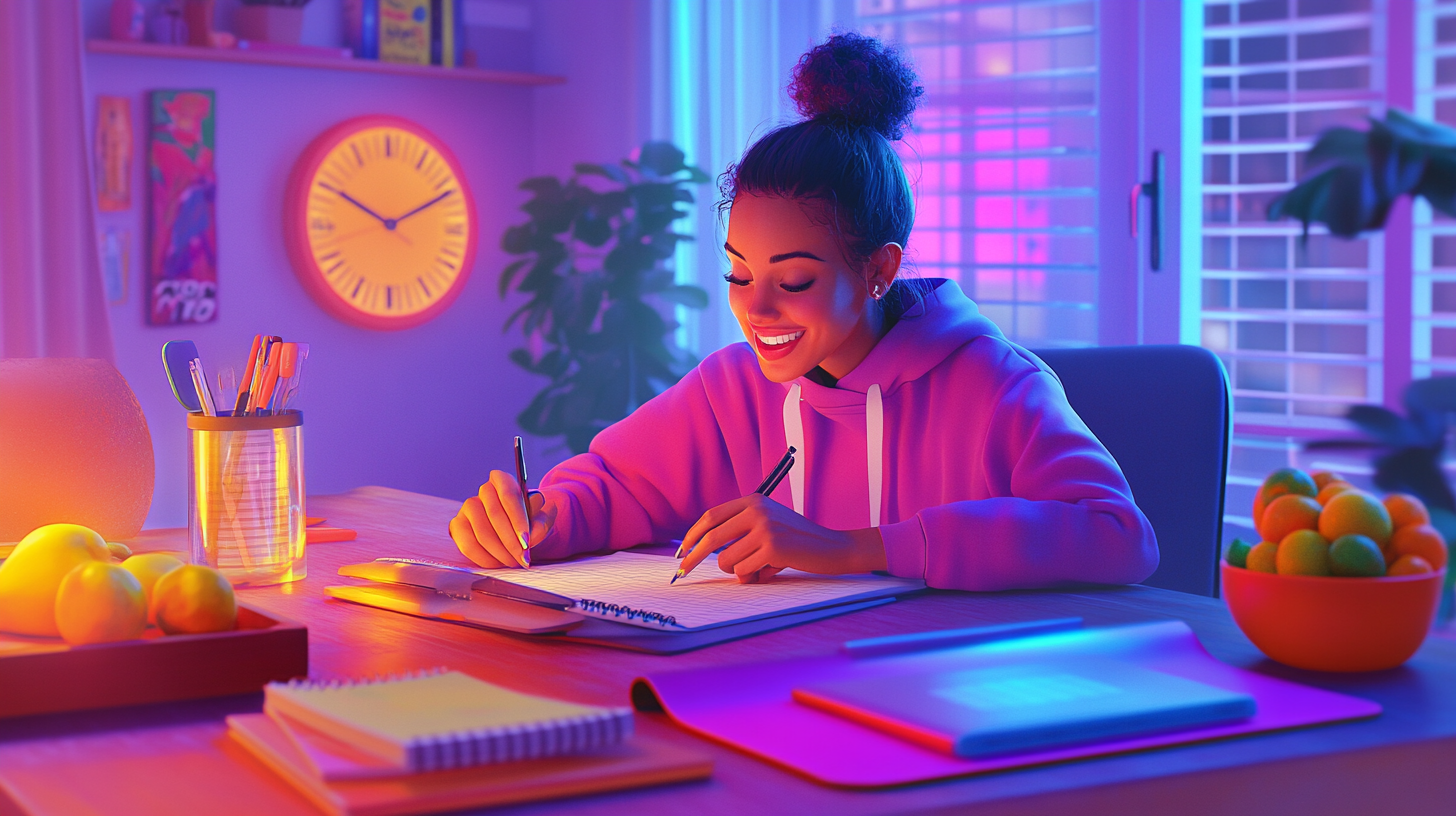 Cheerful Woman Organizing Healthy Habits at Desk