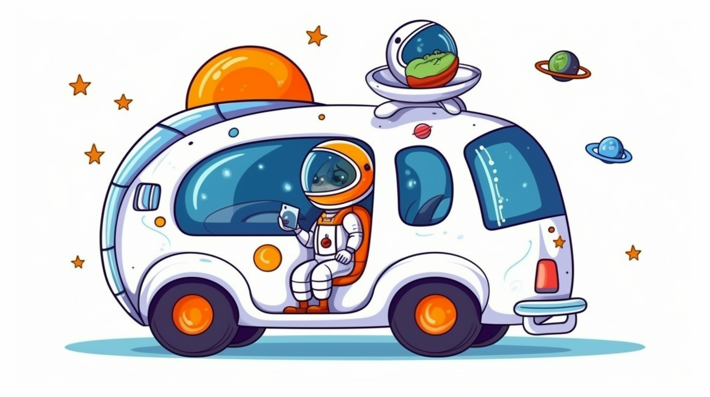 Cheerful astronaut and small car in cartoon style