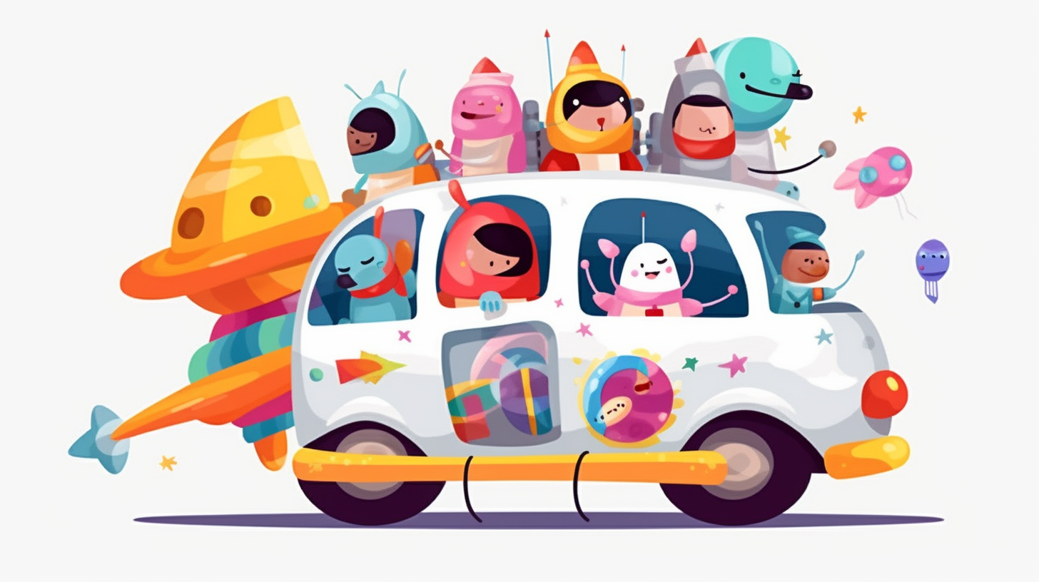 Cheerful astronauts in colorful small car