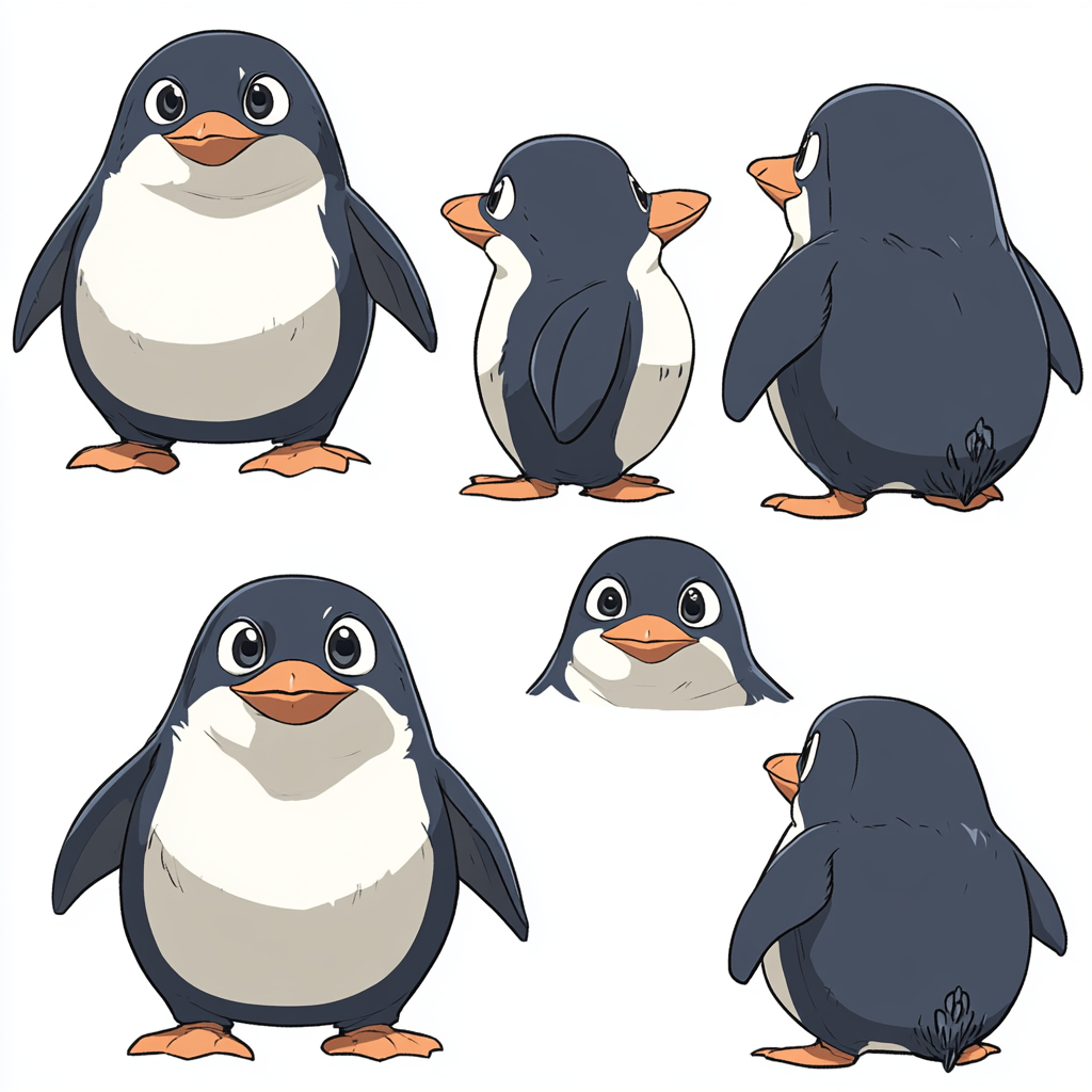 Cheerful cartoon penguin from different angles. Vintage style