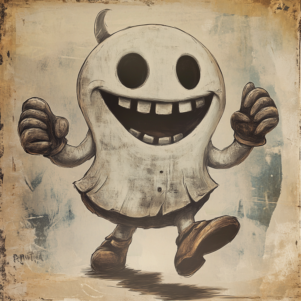 Cheerful ghost in old cartoon style with accessories.