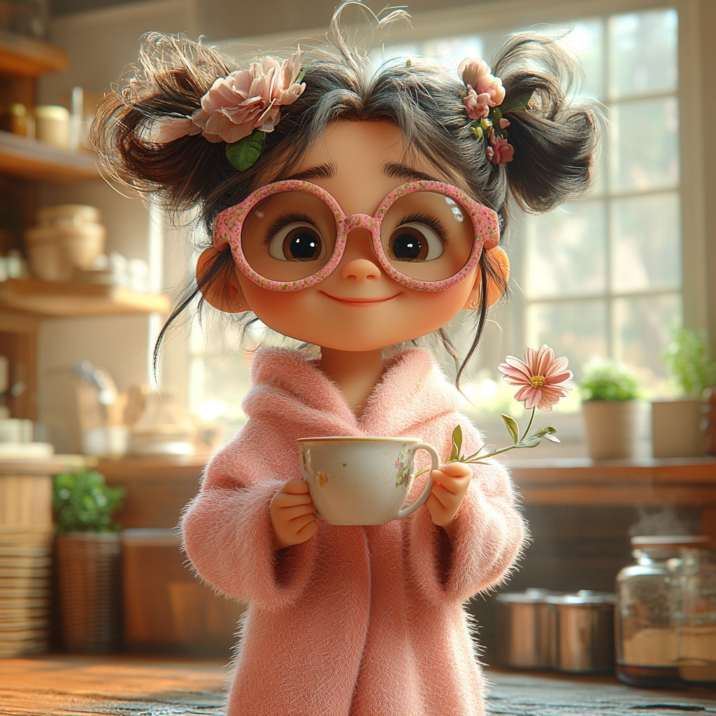 Cheerful girl in pink robe, slippers, sunglasses, coffee. Kitchen.