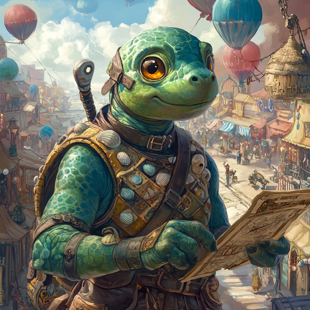 Cheerful turtle explores magical market with friends.