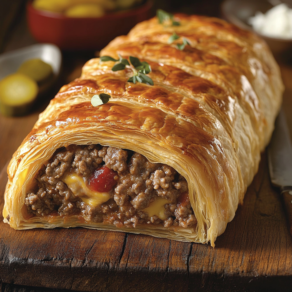 Cheeseburger Wellington image: Lacy texture, perfect balance, mouthwatering.