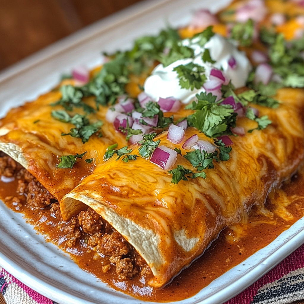 Cheesy beef enchiladas with red sauce, cilantro and sour cream.