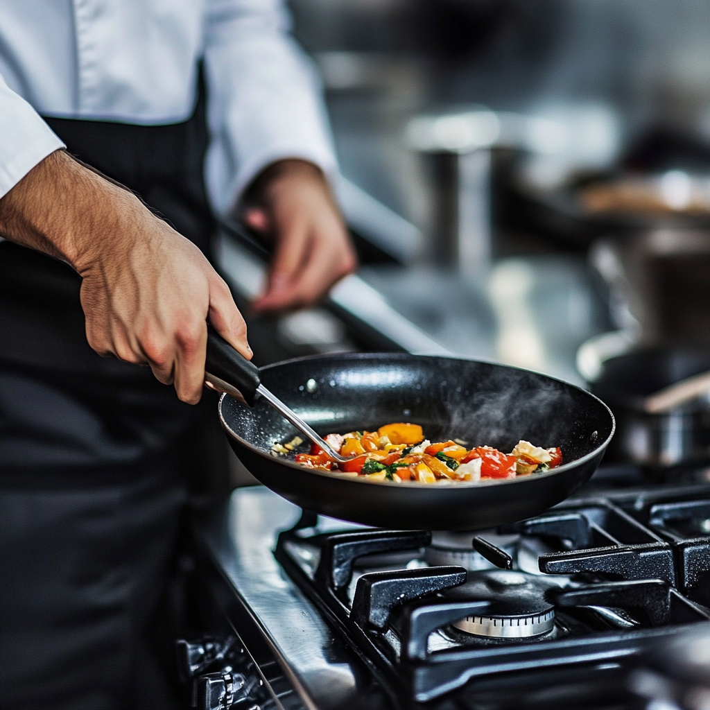 Chef cooking on stove, preparing food in kitchen.