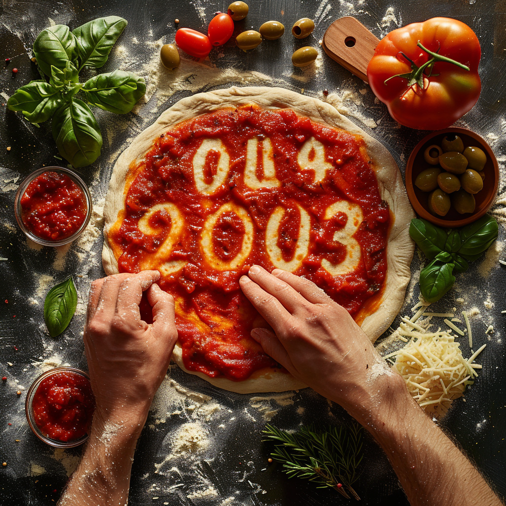 Chef prepares 2014 themed pizza with fresh ingredients.