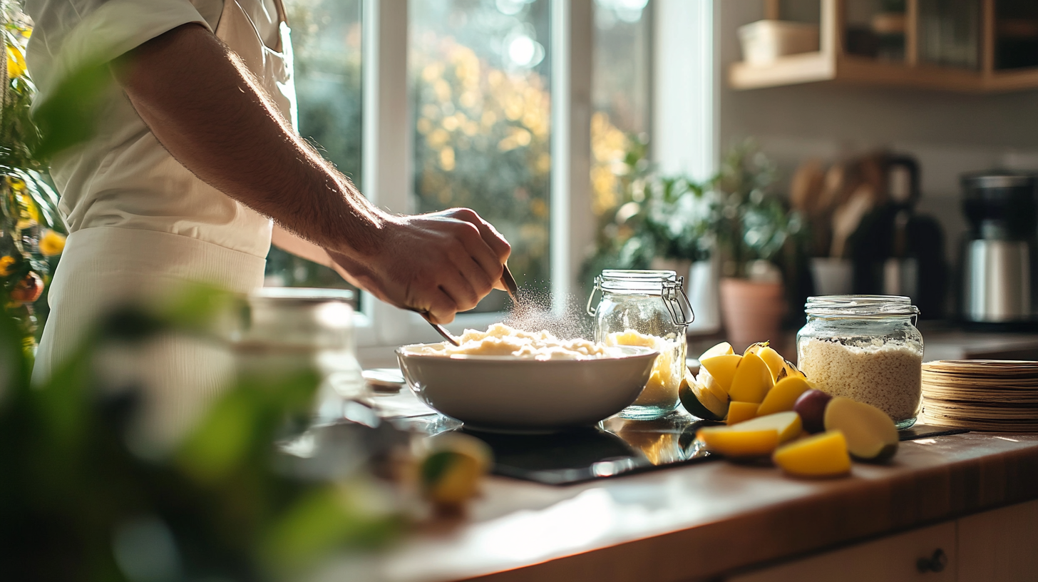 Chef preparing healthy dessert with maltodextrin in cozy kitchen