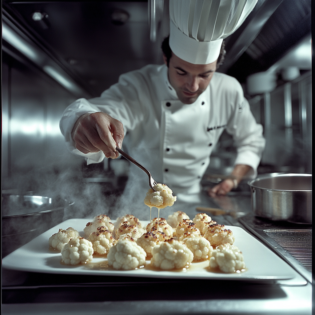 Chef presents delicate tapa: roasted cauliflower with honey.