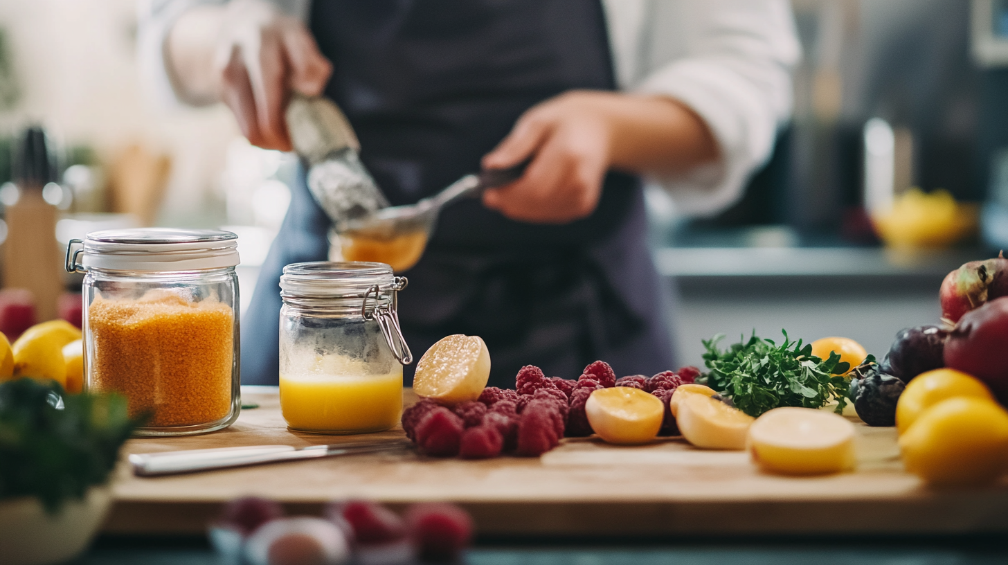 Chef using maltodextrin in low-calorie dessert concept