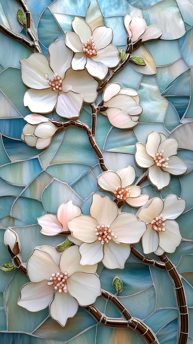 Cherry blossom stained glass mosaic with 3D effect.