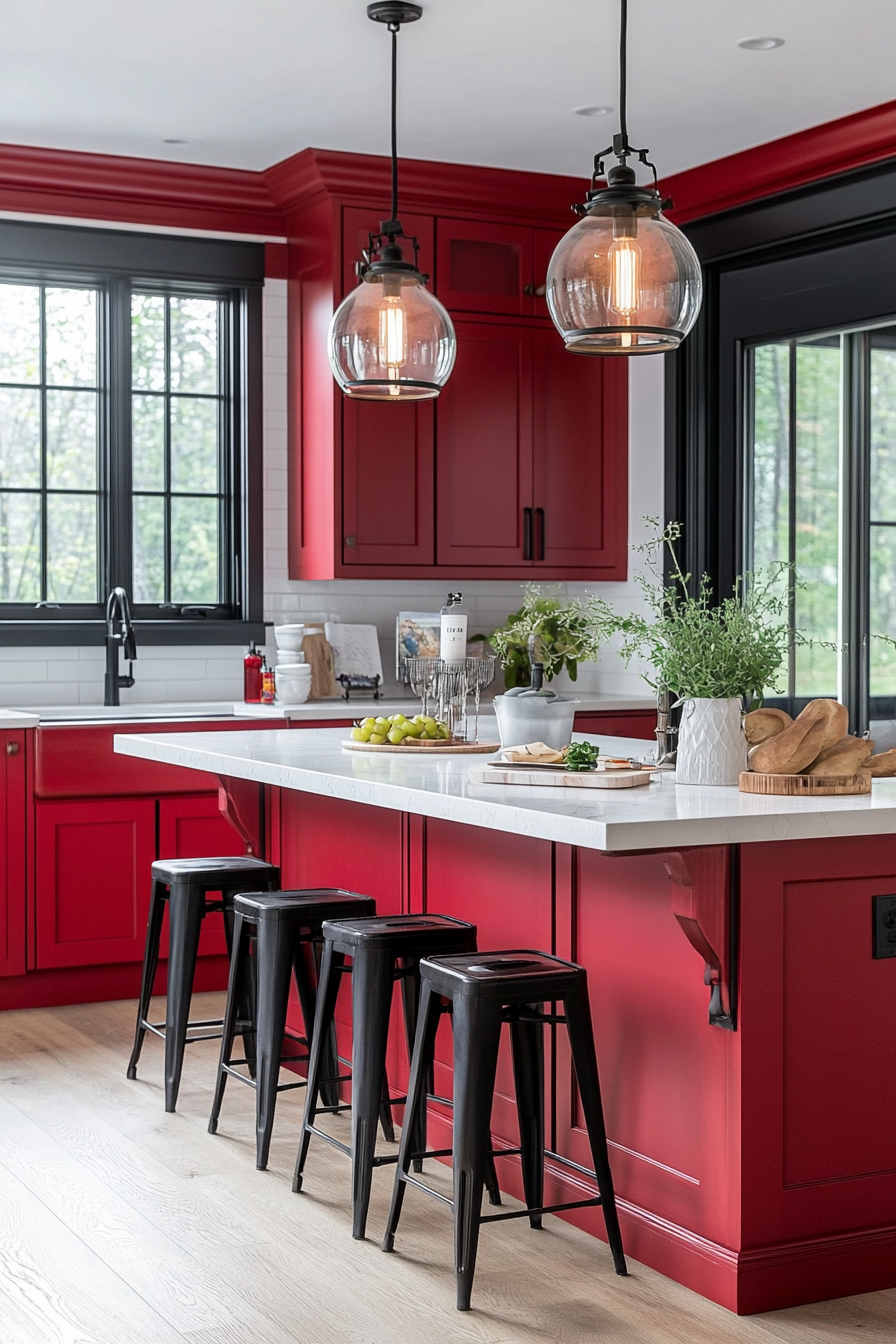 Cherry red kitchen with modern and inviting design.