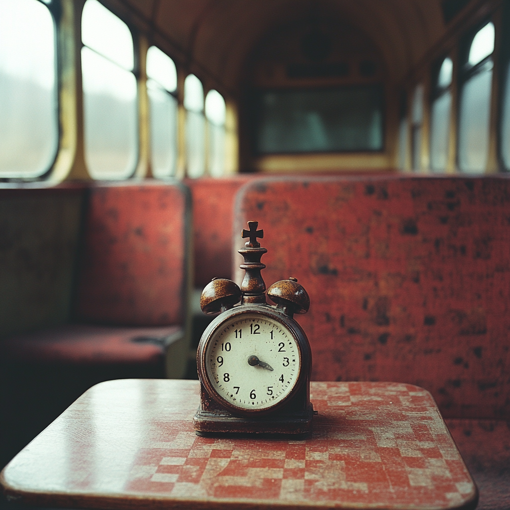 Chess clock on table in Irish train carriage.