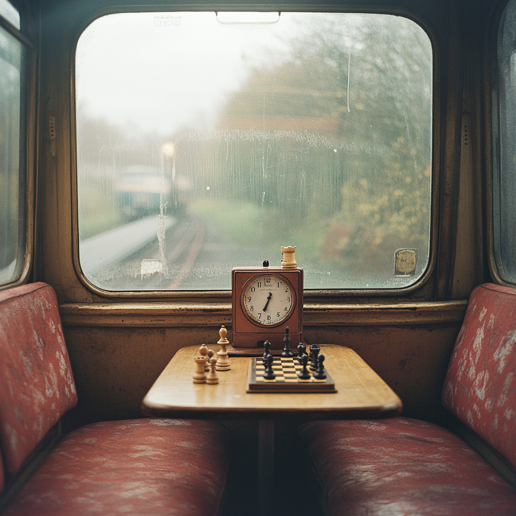 Chess clock timer on wooden table between red seats.