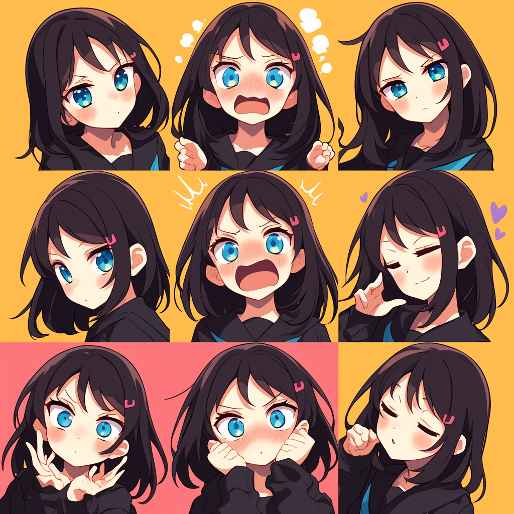 Chibi Anime Woman Shows Emotions in Various Poses