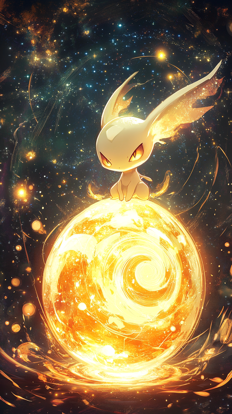 Chibi Arceus hatching from glowing celestial egg, divine light.