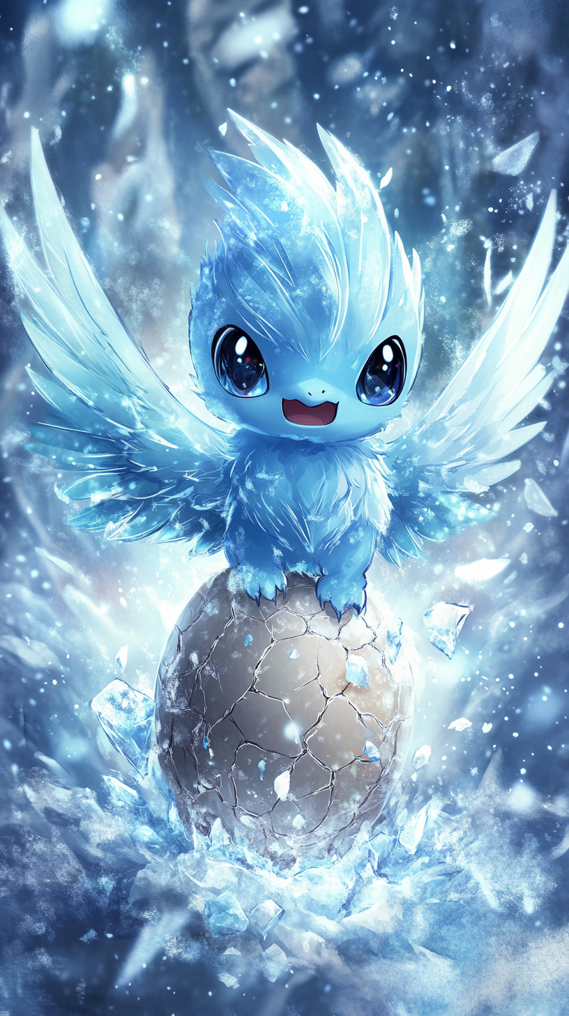 Chibi Articuno hatching from enchanted egg in blizzard.