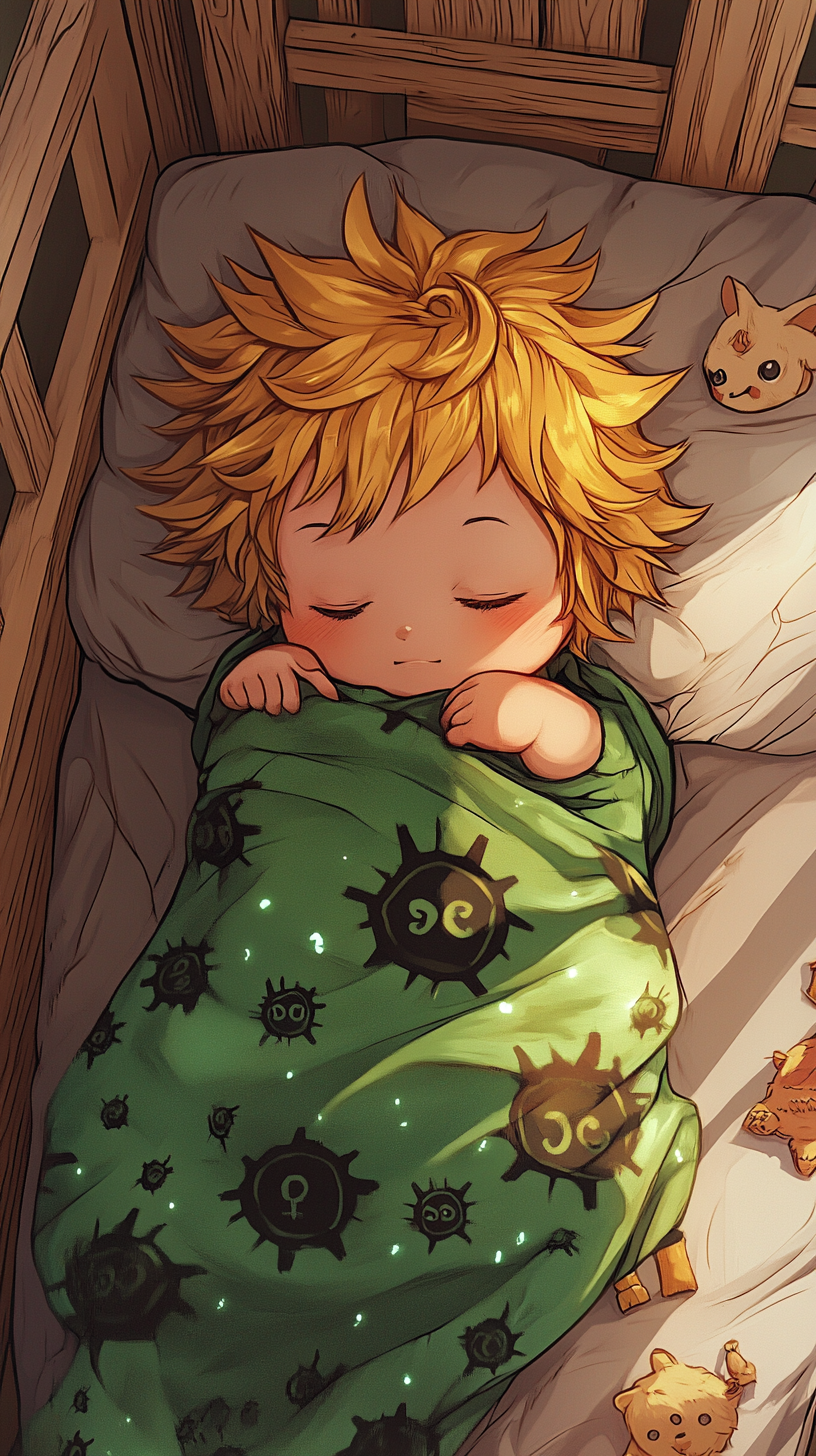 Chibi Baby Meliodas peacefully sleeping in cozy crib