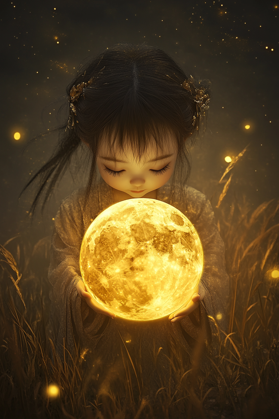 Chibi Chinese girl holds moon in idyllic setting