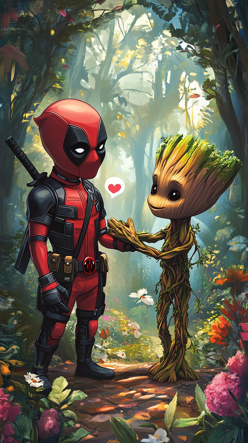 Chibi Deadpool and Groot shake hands in playful forest.