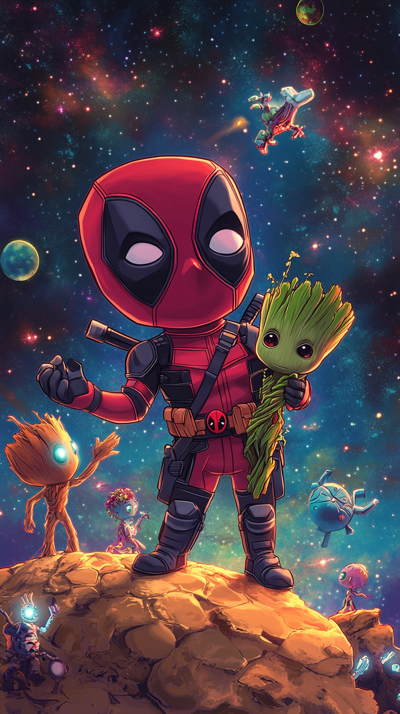 Chibi Deadpool and Groot shaking hands on colorful planet.