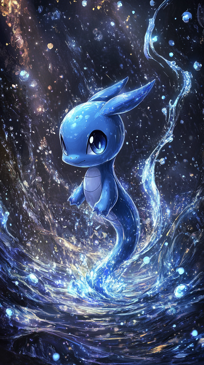 Chibi Dratini emerges from glowing water with magic orbs.