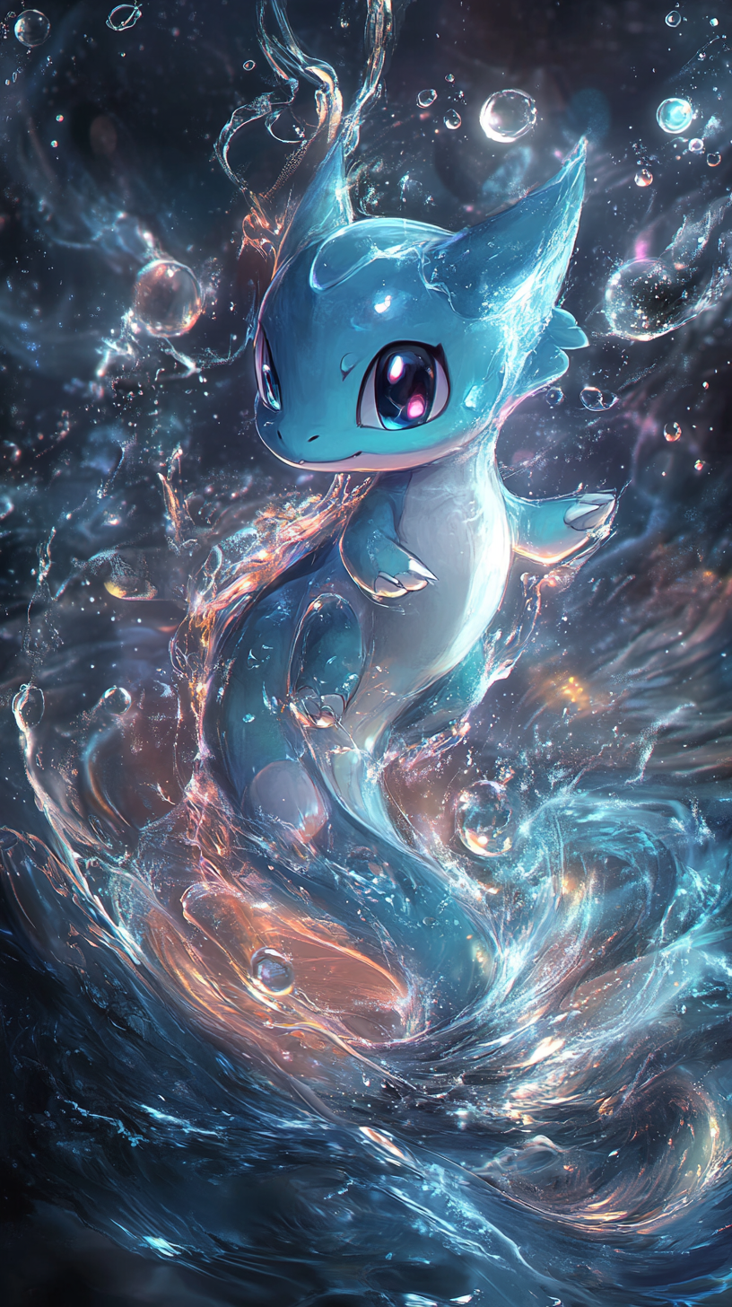 Chibi Dratini emerging from magical water vortex, enchanting aura.