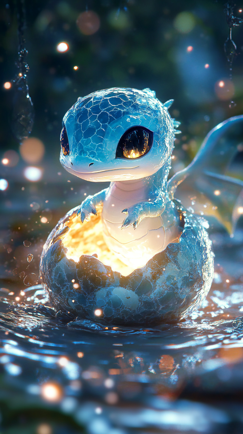 Chibi Dratini hatches from detailed egg in enchanting scene.