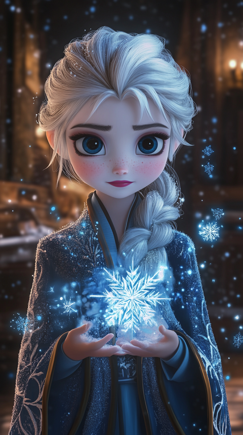 Chibi Elsa creates snowflakes and ice sculptures in Hufflepuff.