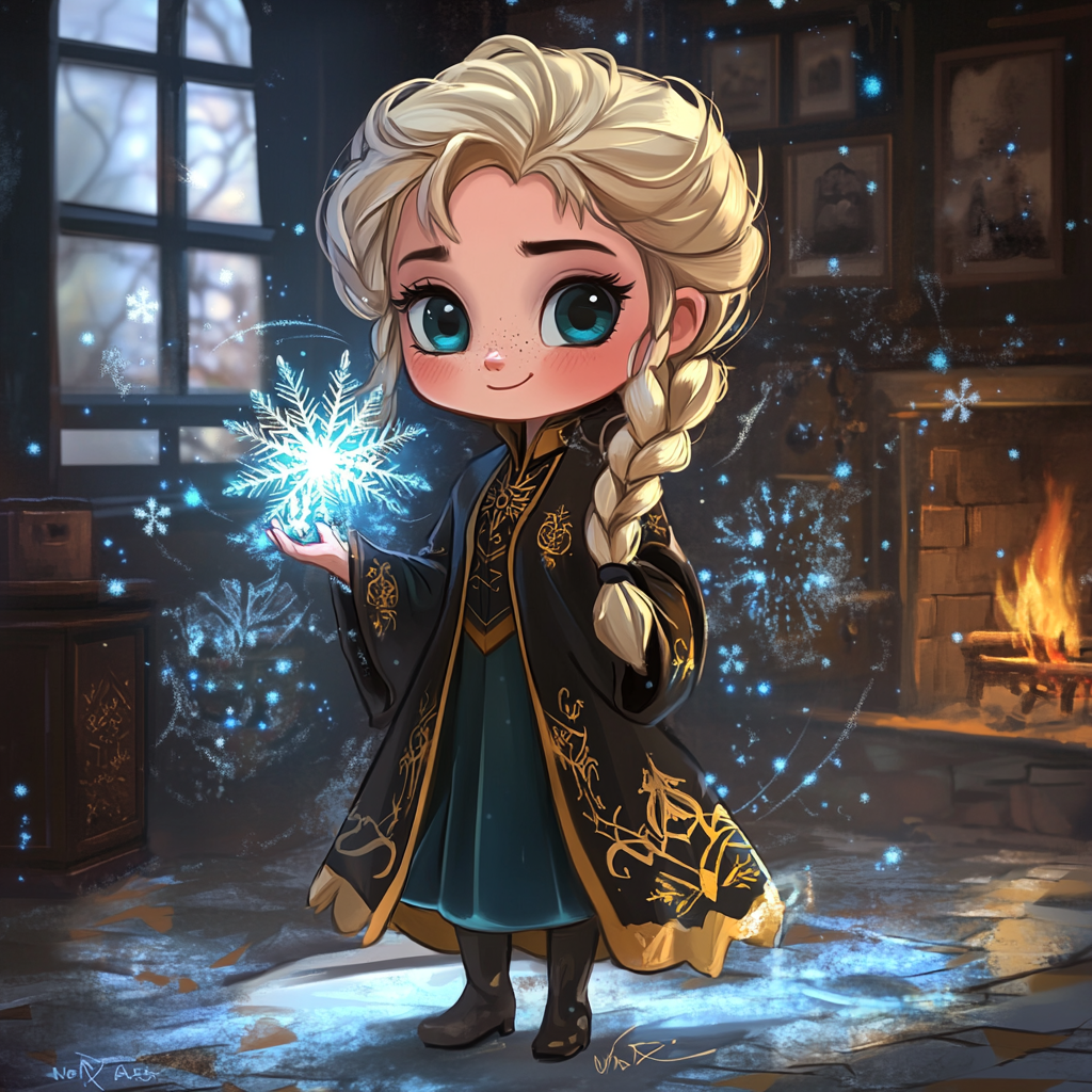 Chibi Elsa in Hufflepuff robe creates magical ice.