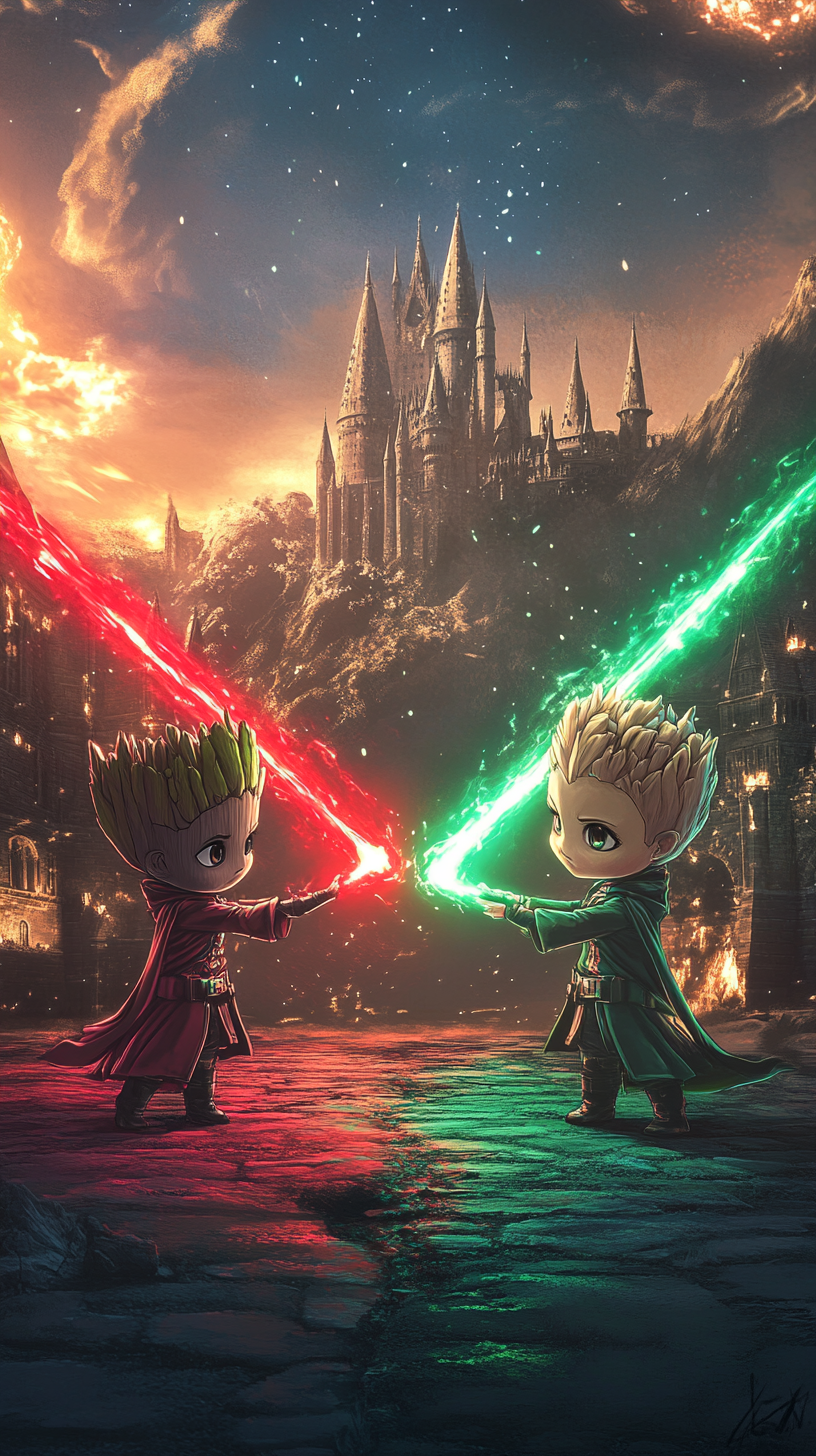 Chibi Groot and Elsa casting spells at Hogwarts Castle.