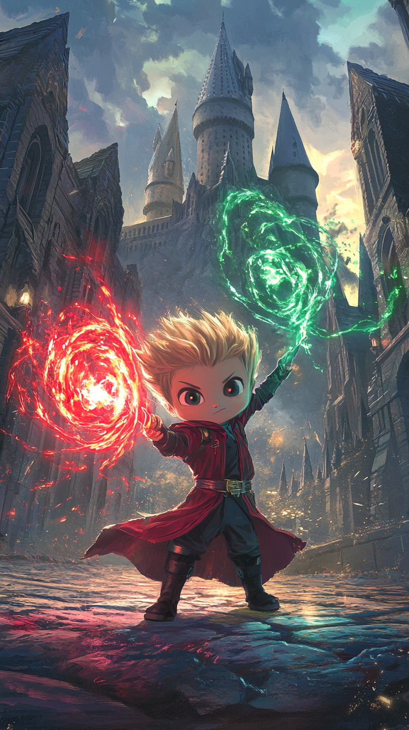 Chibi Groot and Elsa duel in front of Hogwarts.