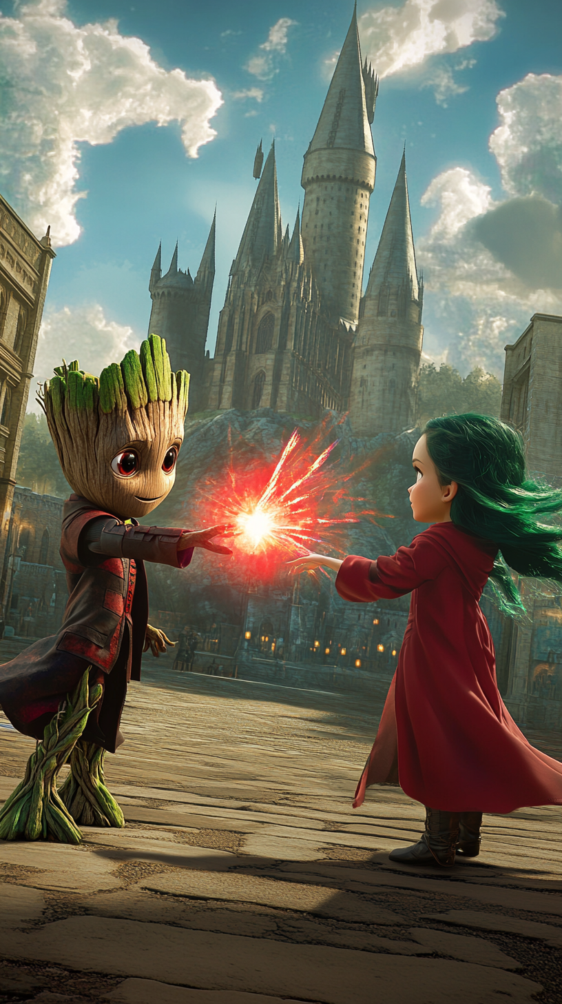 Chibi Groot attacks Elsa with red spell, colorful clash.