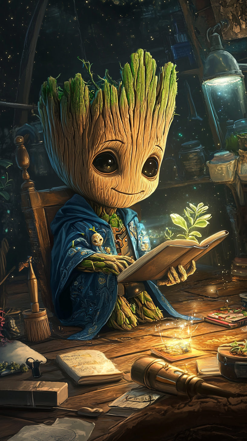 Chibi Groot dressed as Ravenclaw studying magical plants.