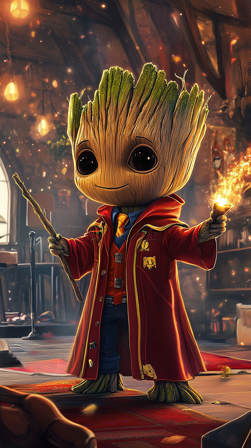 Chibi Groot in Gryffindor robes casting spells bravely