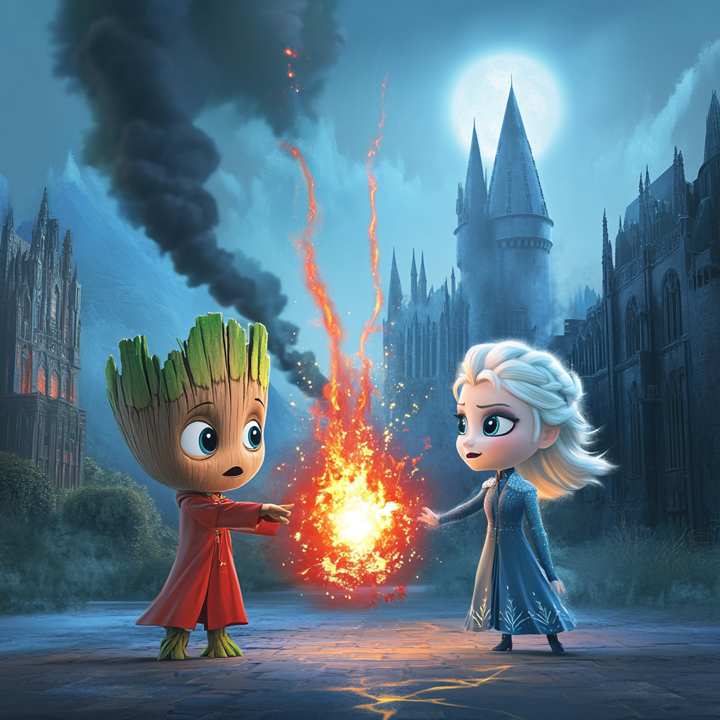 Chibi Groot in Gryffindor vs Elsa in Serpentard.