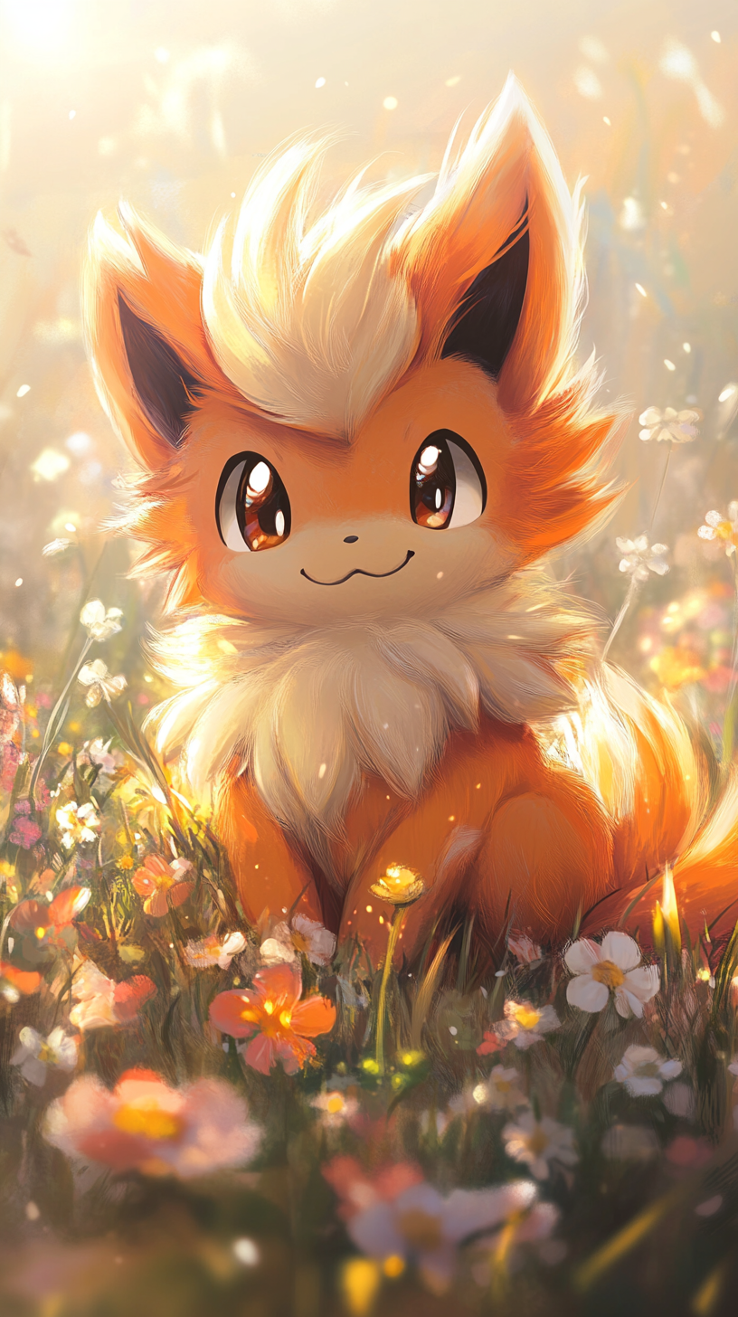 Chibi Growlithe in flower field, cute fluffy fur, playful.